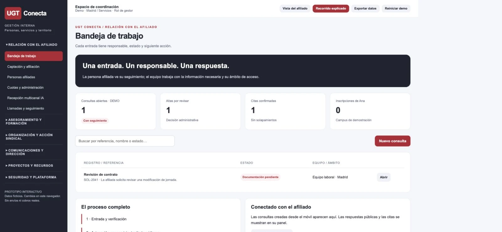 Pantalla real de la demo de gestión: una bandeja con referencia, estado y equipo responsable
